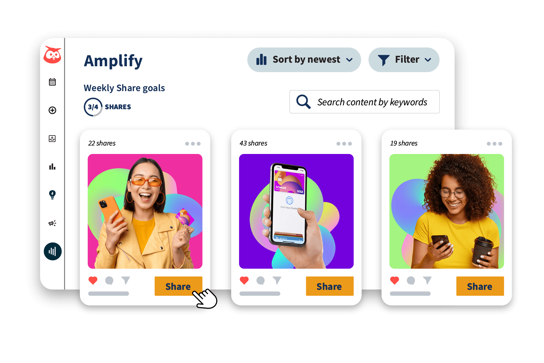Social media content dashboard showing three colorful posts with share counts and interaction buttons against vibrant backgrounds